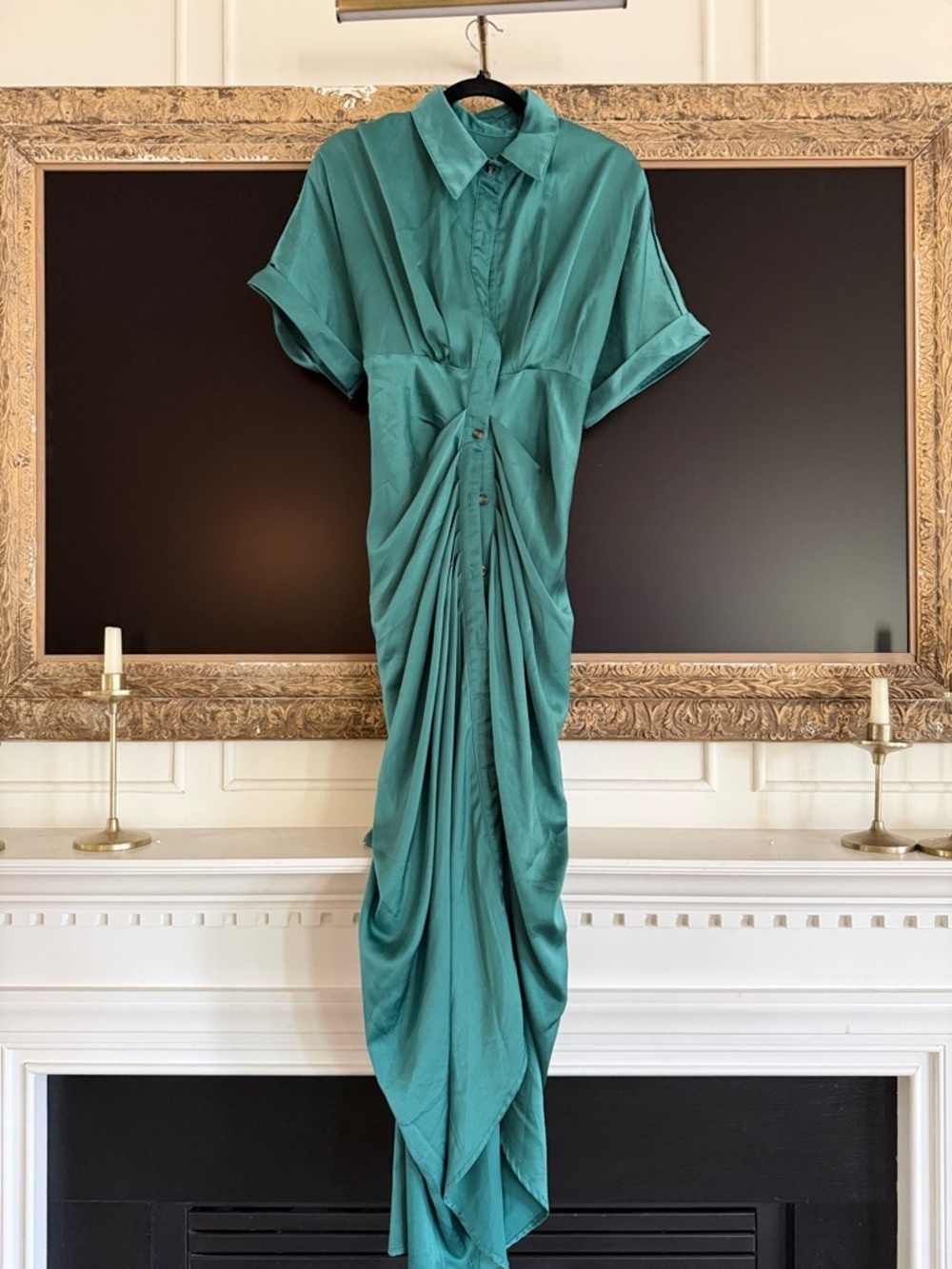 Elegant Teal Shirt Dress with Draped Front